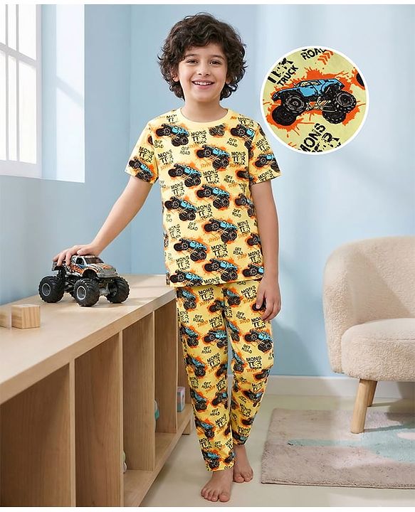 Pine Kids Single Jersey Knit Half Sleeves Night Suit with Monster Truck Print - Yellow