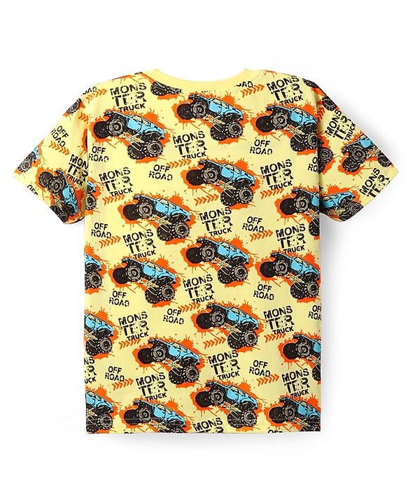 Pine Kids Single Jersey Knit Half Sleeves Night Suit with Monster Truck Print - Yellow