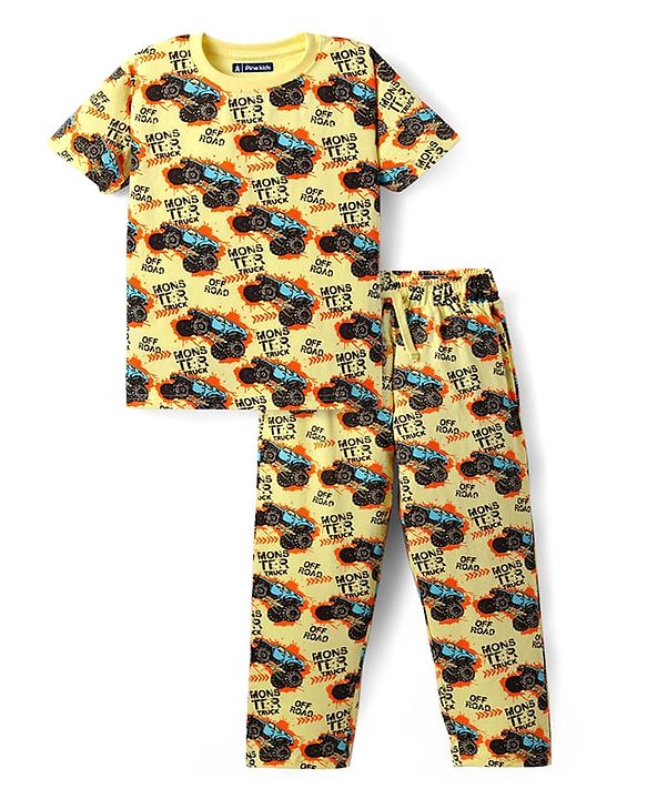 Pine Kids Single Jersey Knit Half Sleeves Night Suit with Monster Truck Print - Yellow