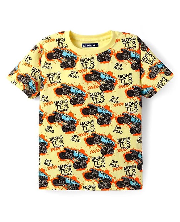 Pine Kids Single Jersey Knit Half Sleeves Night Suit with Monster Truck Print - Yellow