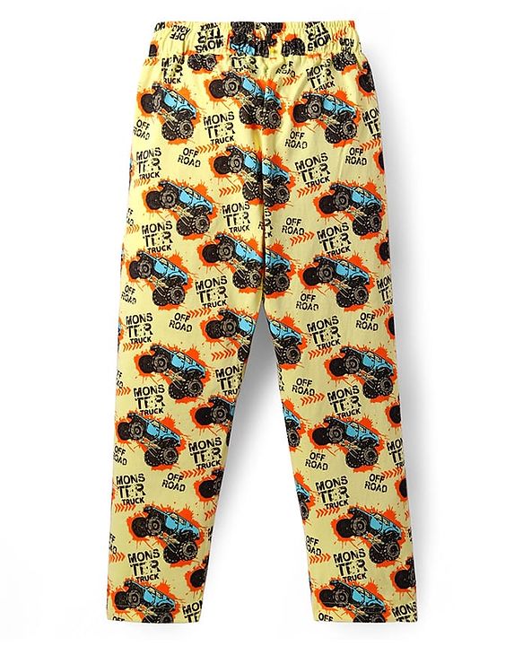 Pine Kids Single Jersey Knit Half Sleeves Night Suit with Monster Truck Print - Yellow
