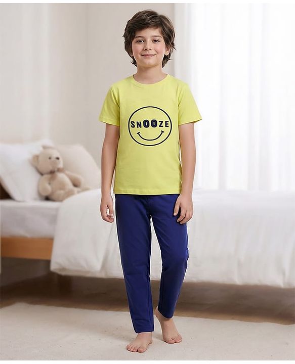 Pine Kids Single Jersey Knit Half Sleeves Night Suit With Text Print - Neon Green & Navy Blue
