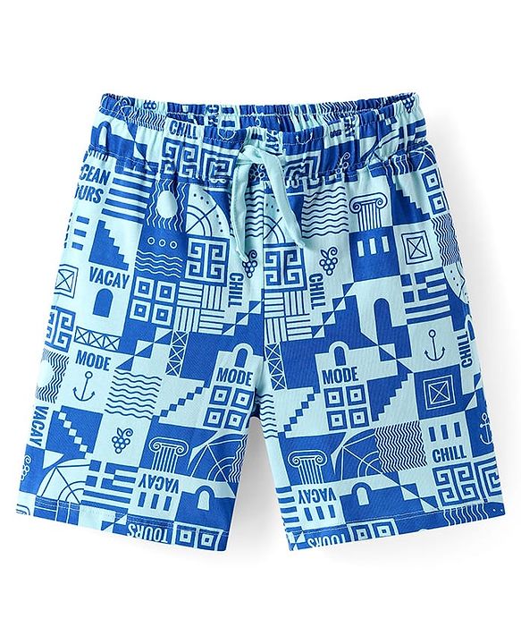 Pine Kids Single Jersey Knit Half Sleeves Shorts Night Suit with Vacay Mode On Text Print - Blue