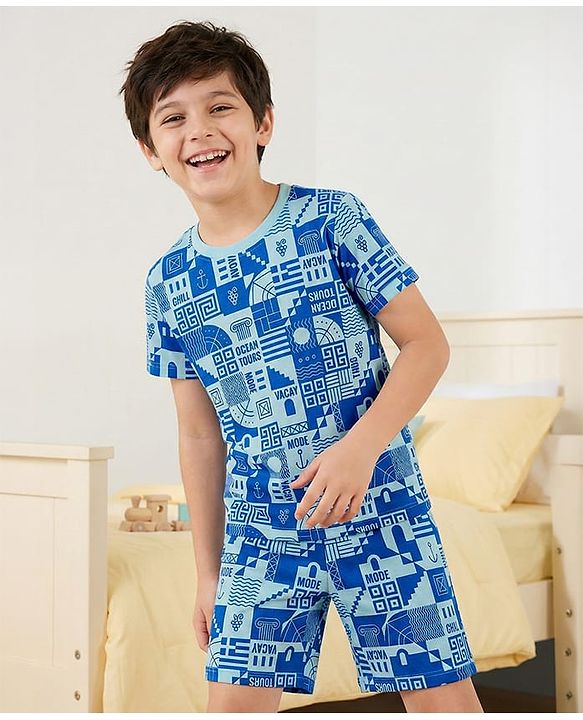 Pine Kids Single Jersey Knit Half Sleeves Shorts Night Suit with Vacay Mode On Text Print - Blue