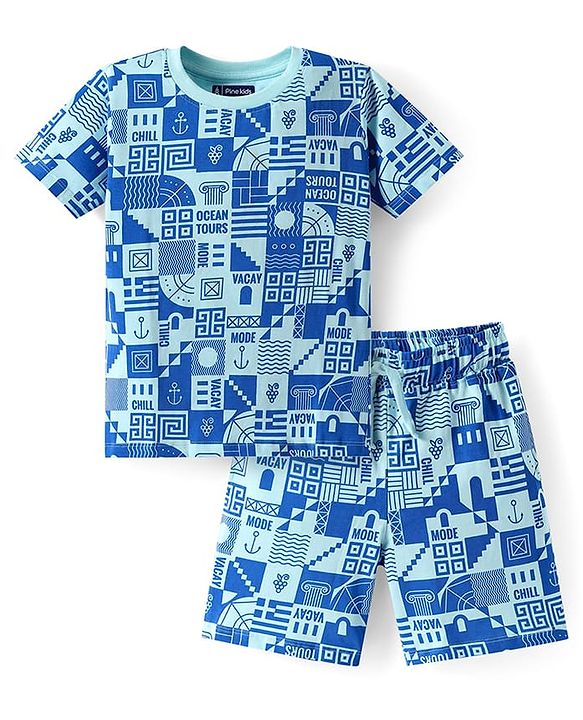 Pine Kids Single Jersey Knit Half Sleeves Shorts Night Suit with Vacay Mode On Text Print - Blue