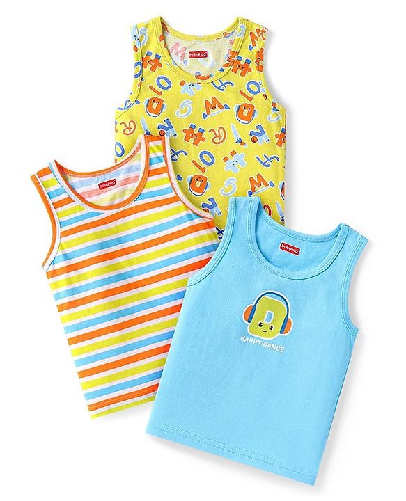 Babyhug 100% Cotton Knit Sleeveless Sando Vests With Stripes & Alphabet Print Pack of 3 - Blue & Yellow