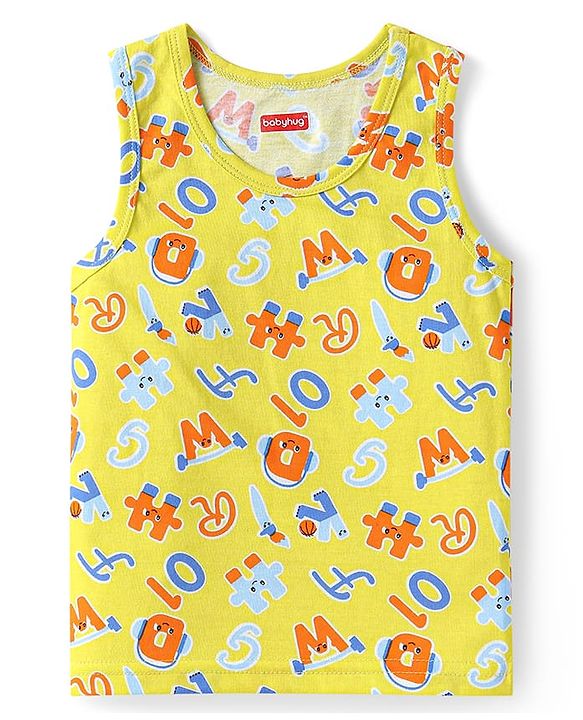 Babyhug 100% Cotton Knit Sleeveless Sando Vests With Stripes & Alphabet Print Pack of 3 - Blue & Yellow