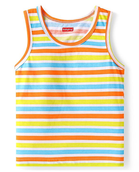 Babyhug 100% Cotton Knit Sleeveless Sando Vests With Stripes & Alphabet Print Pack of 3 - Blue & Yellow