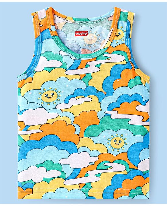 Babyhug 100 % Cotton Knit Sleeveless Sando with Sky Print & Stripes Pack of 2 - Multicolor