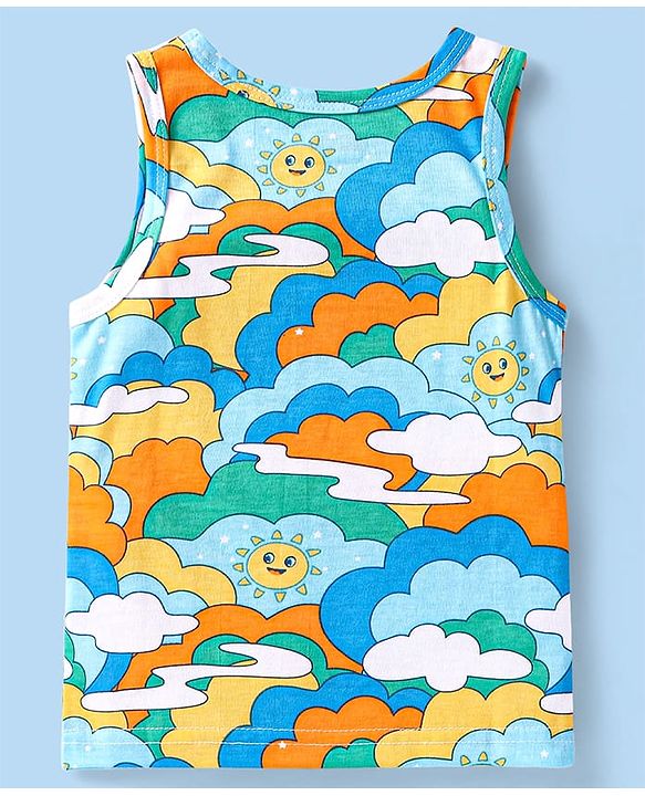 Babyhug 100 % Cotton Knit Sleeveless Sando with Sky Print & Stripes Pack of 2 - Multicolor