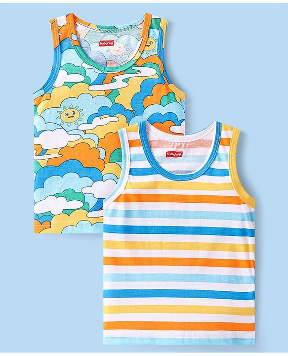 Babyhug 100 % Cotton Knit Sleeveless Sando with Sky Print & Stripes Pack of 2 - Multicolor