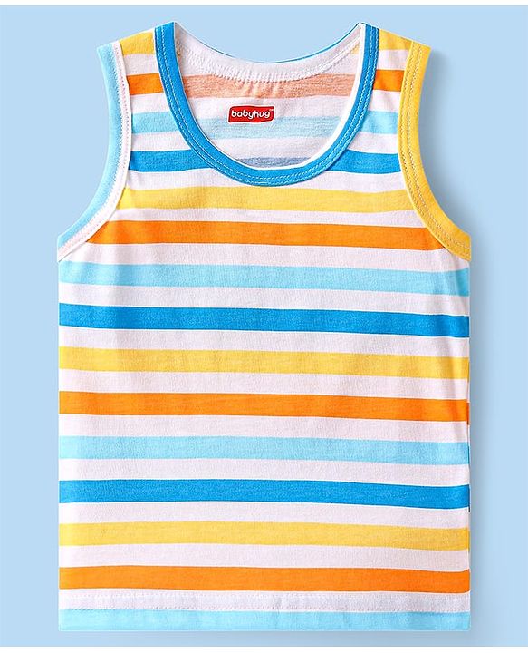 Babyhug 100 % Cotton Knit Sleeveless Sando with Sky Print & Stripes Pack of 2 - Multicolor