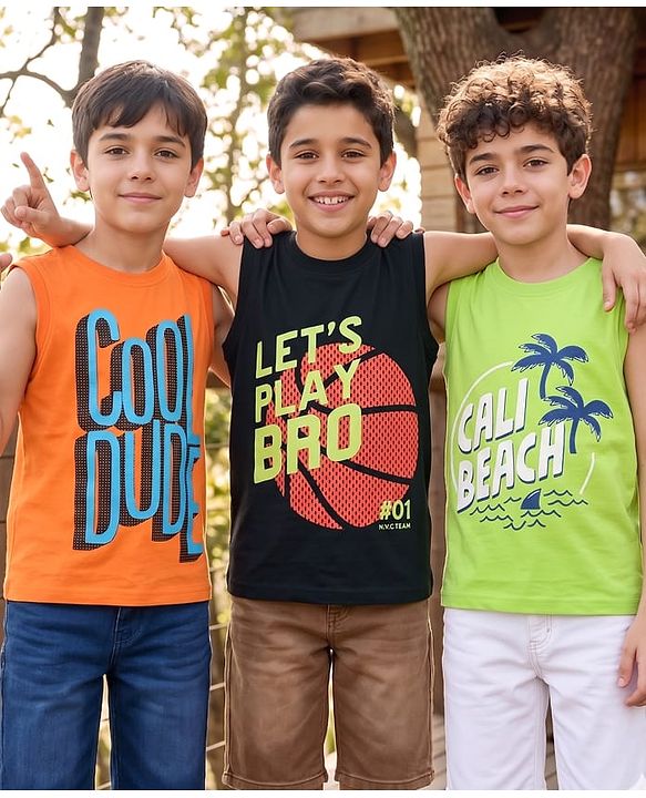 Pine Kids Cotton Knit Sleeveless Tank T-Shirts with Cool Dude Text Print Pack of 3 - Black Orange & Light Green