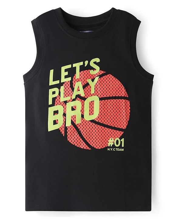 Pine Kids Cotton Knit Sleeveless Tank T-Shirts with Cool Dude Text Print Pack of 3 - Black Orange & Light Green
