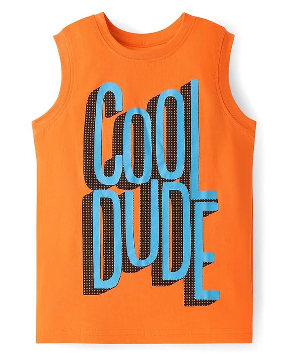 Pine Kids Cotton Knit Sleeveless Tank T-Shirts with Cool Dude Text Print Pack of 3 - Black Orange & Light Green