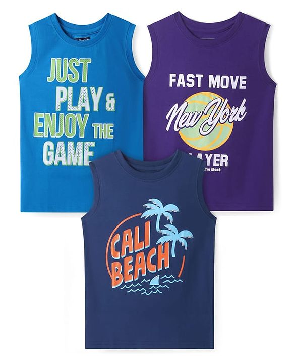 Pine Kids Cotton Knit Sleeveless Tank T-Shirts with Text Print Pack of 3 - Blue