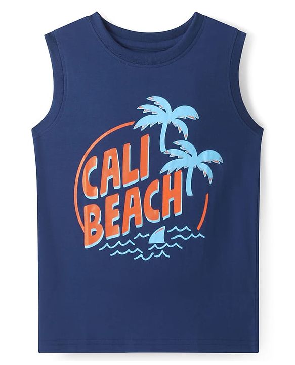 Pine Kids Cotton Knit Sleeveless Tank T-Shirts with Text Print Pack of 3 - Blue