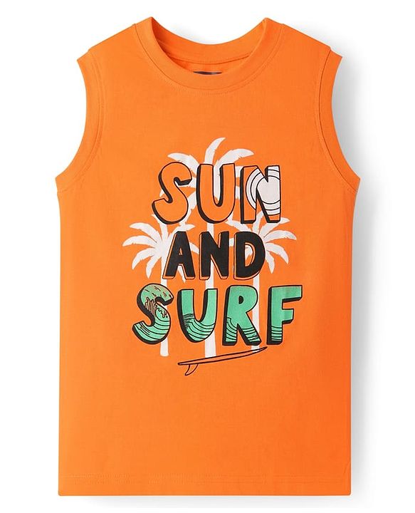Pine Kids Cotton Knit Sleeveless Tank T-Shirts with Sun & Surf Text Print Pack Of 3 - Blue Orange & Light Green