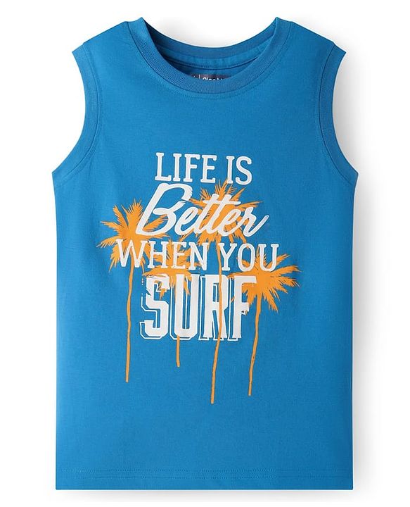 Pine Kids Cotton Knit Sleeveless Tank T-Shirts with Sun & Surf Text Print Pack Of 3 - Blue Orange & Light Green