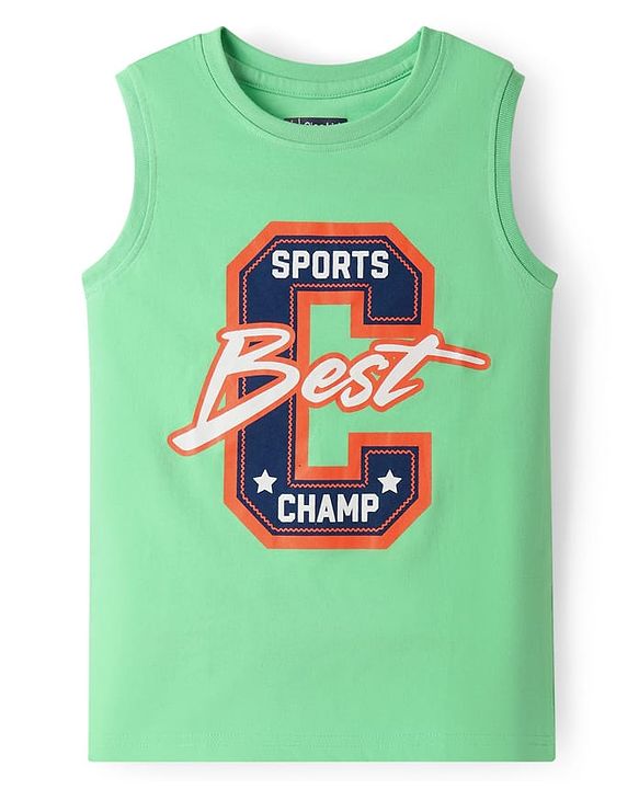 Pine Kids Cotton Knit Sleeveless Tank T-Shirts with Sun & Surf Text Print Pack Of 3 - Blue Orange & Light Green