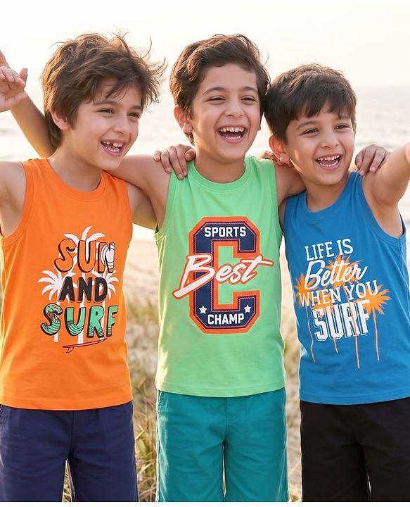 Pine Kids Cotton Knit Sleeveless Tank T-Shirts with Sun & Surf Text Print Pack Of 3 - Blue Orange & Light Green