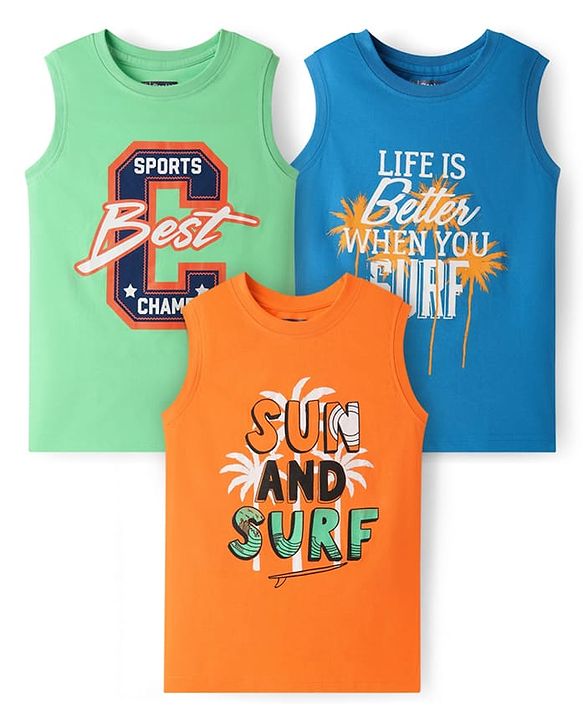 Pine Kids Cotton Knit Sleeveless Tank T-Shirts with Sun & Surf Text Print Pack Of 3 - Blue Orange & Light Green