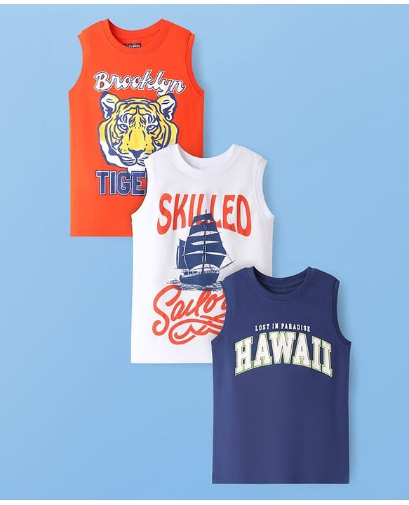 Pine Kids Cotton Knit Sleeveless Tank T-Shirts with Skilled Text Print Pack Of 3 - White Navy Blue & Orange