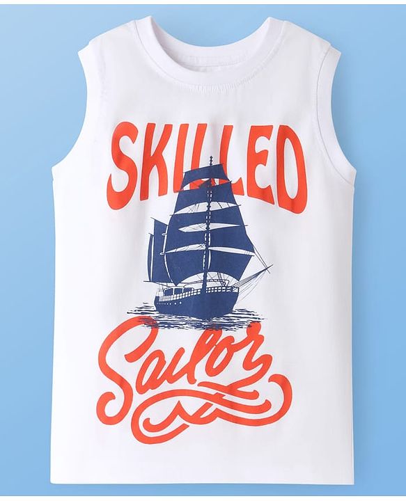 Pine Kids Cotton Knit Sleeveless Tank T-Shirts with Skilled Text Print Pack Of 3 - White Navy Blue & Orange