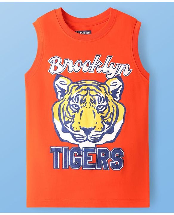 Pine Kids Cotton Knit Sleeveless Tank T-Shirts with Skilled Text Print Pack Of 3 - White Navy Blue & Orange