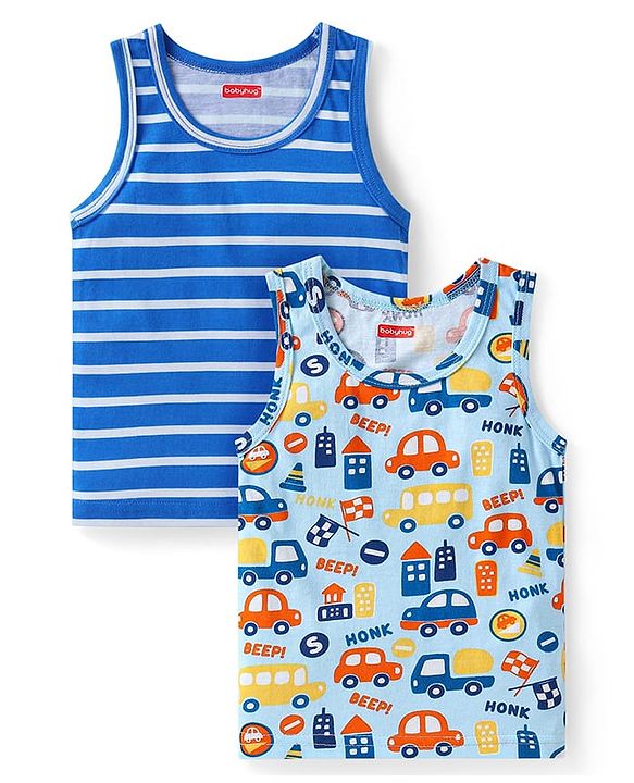 Babyhug 100% Cotton Knit Sleeveless Sando Vests With Stripes & Vehicle Print Pack of 2 - Blue