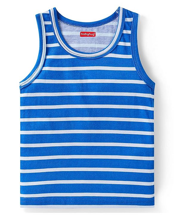 Babyhug 100% Cotton Knit Sleeveless Sando Vests With Stripes & Vehicle Print Pack of 2 - Blue