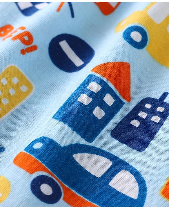 Babyhug 100% Cotton Knit Sleeveless Sando Vests With Stripes & Vehicle Print Pack of 2 - Blue