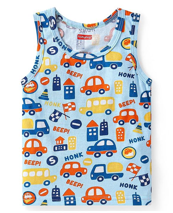 Babyhug 100% Cotton Knit Sleeveless Sando Vests With Stripes & Vehicle Print Pack of 2 - Blue