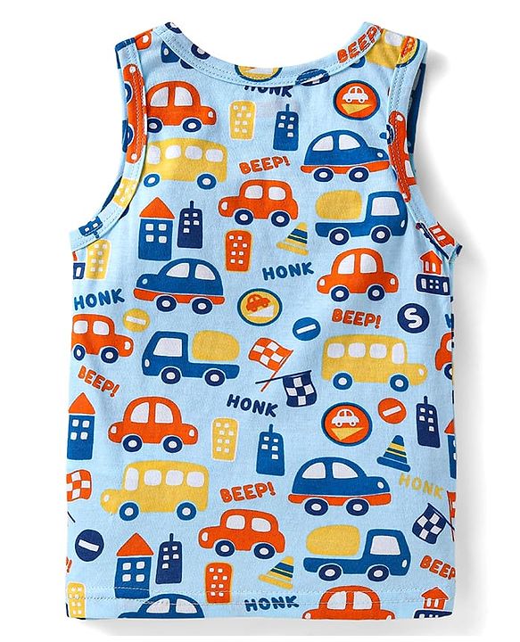 Babyhug 100% Cotton Knit Sleeveless Sando Vests With Stripes & Vehicle Print Pack of 2 - Blue