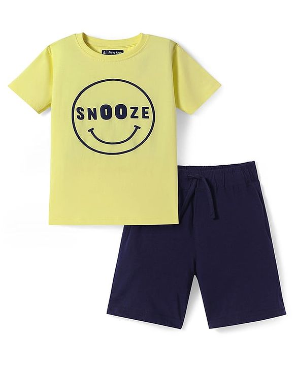 Pine Kids Single Jersey Knit Half Sleeves Night Suit With Text Print - Lemon Yellow & Navy Blue