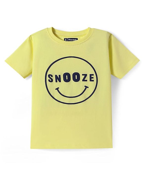 Pine Kids Single Jersey Knit Half Sleeves Night Suit With Text Print - Lemon Yellow & Navy Blue