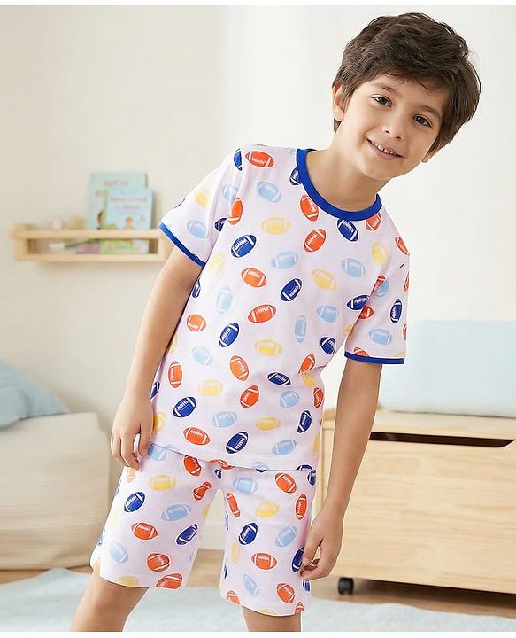Pine Kids Single Jersey Knit Half Sleeves Shorts Night Suit With Rugby Print - White