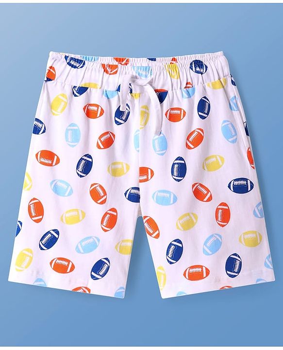 Pine Kids Single Jersey Knit Half Sleeves Shorts Night Suit With Rugby Print - White