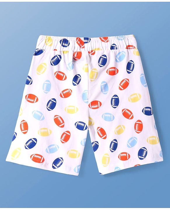 Pine Kids Single Jersey Knit Half Sleeves Shorts Night Suit With Rugby Print - White
