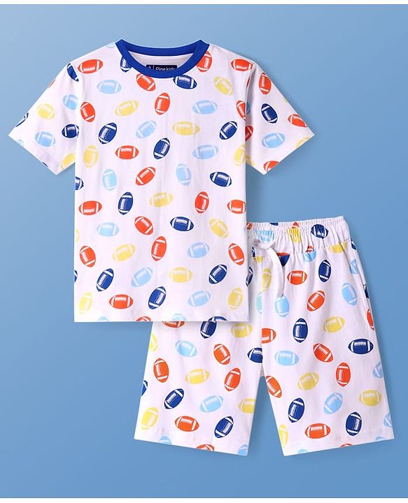 Pine Kids Single Jersey Knit Half Sleeves Shorts Night Suit With Rugby Print - White
