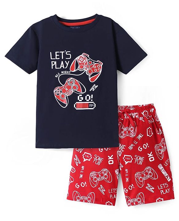 Pine Kids Single Jersey Knit Half Sleeves Short Night Suit  With Gaming Controller Print - Navy Blue & Red