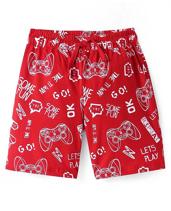 Pine Kids Single Jersey Knit Half Sleeves Short Night Suit  With Gaming Controller Print - Navy Blue & Red