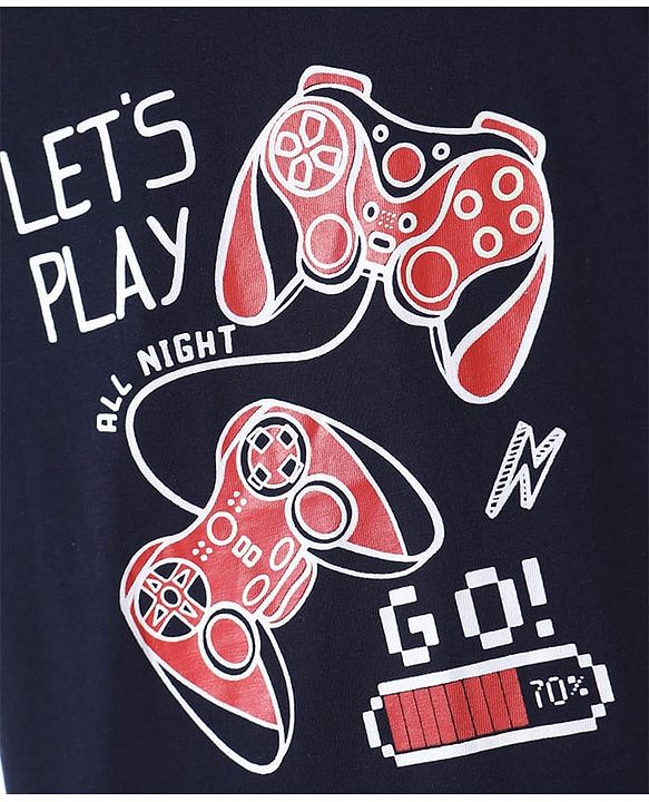 Pine Kids Single Jersey Knit Half Sleeves Short Night Suit  With Gaming Controller Print - Navy Blue & Red