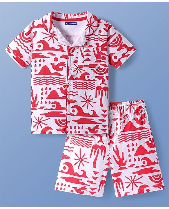 Pine Kids Single Jersey Knit Half Sleeves Shorts Night Suit with Beach Theme Print - Red
