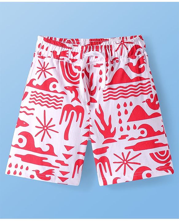 Pine Kids Single Jersey Knit Half Sleeves Shorts Night Suit with Beach Theme Print - Red