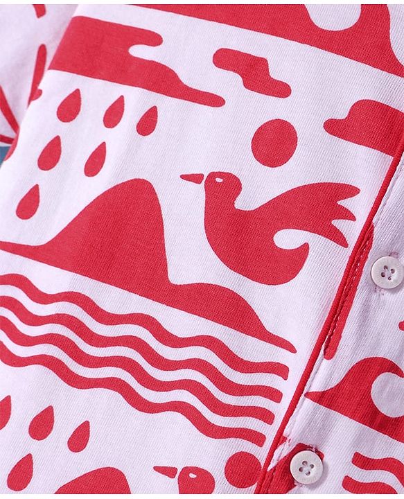 Pine Kids Single Jersey Knit Half Sleeves Shorts Night Suit with Beach Theme Print - Red