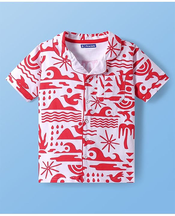 Pine Kids Single Jersey Knit Half Sleeves Shorts Night Suit with Beach Theme Print - Red
