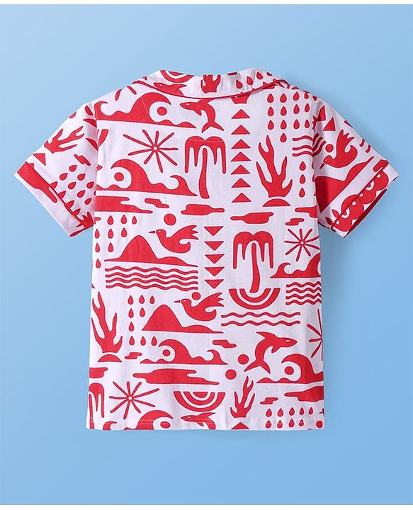 Pine Kids Single Jersey Knit Half Sleeves Shorts Night Suit with Beach Theme Print - Red