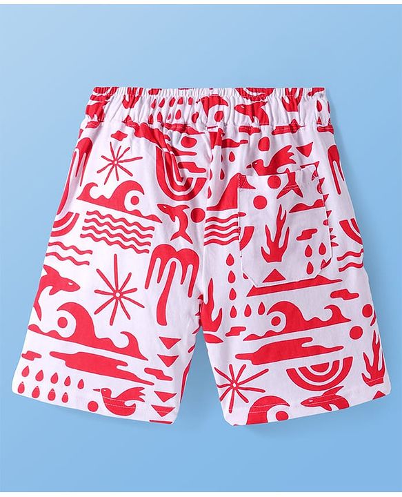 Pine Kids Single Jersey Knit Half Sleeves Shorts Night Suit with Beach Theme Print - Red