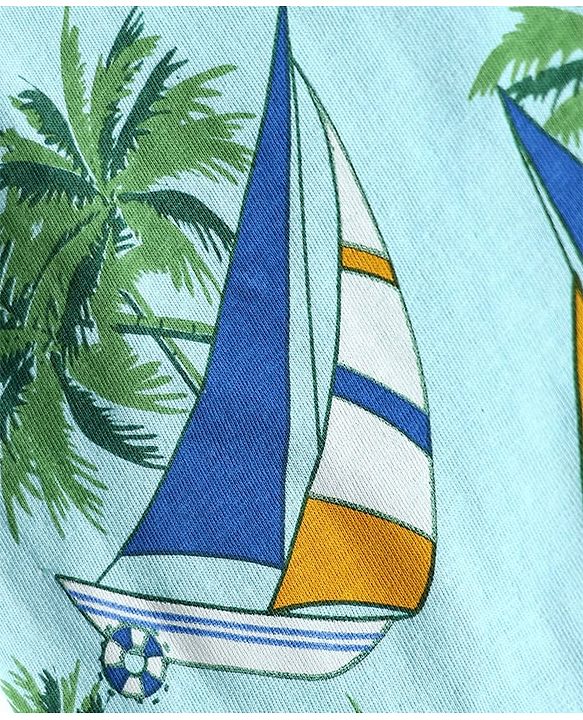 Pine Kids Single Jersey Knit Half Sleeves Shorts Night Suit With Boat & Tree Print - Sea Green